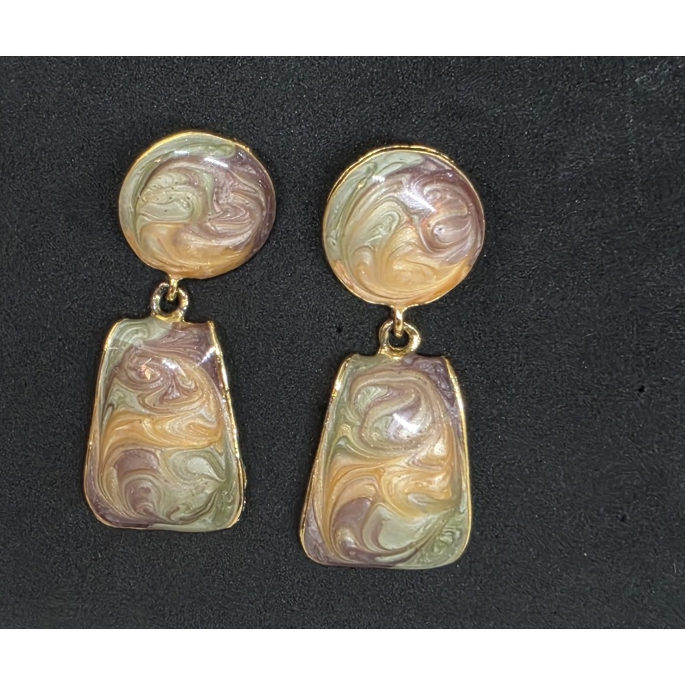 Beautiful Vintage 2 Piece Dangle Enamel Gold Green Mauve Swirl Earrings